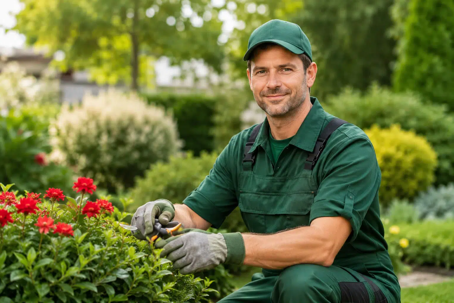 Professionista del verde al lavoro in un giardino