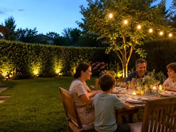 Famiglia a cena in giardino disturbata dalle zanzare
