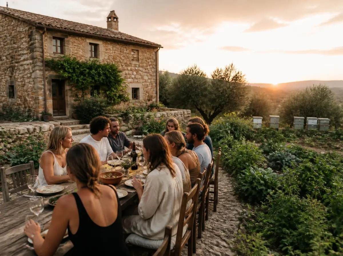 Ospiti a cena all'aperto in un agriturismo toscano al tramonto, con orto e ulivi