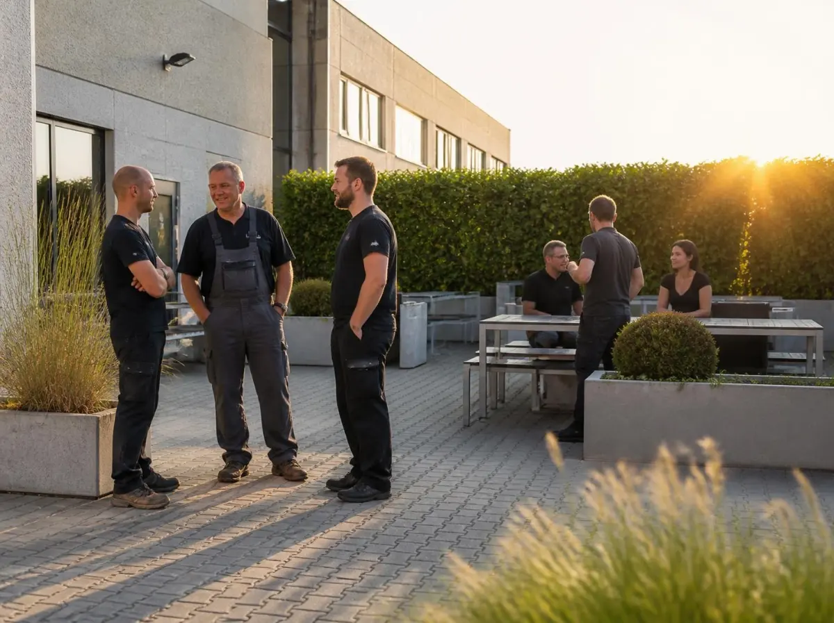 Dipendenti di un'azienda in pausa nel cortile esterno con siepi e fioriere, a fine giornata