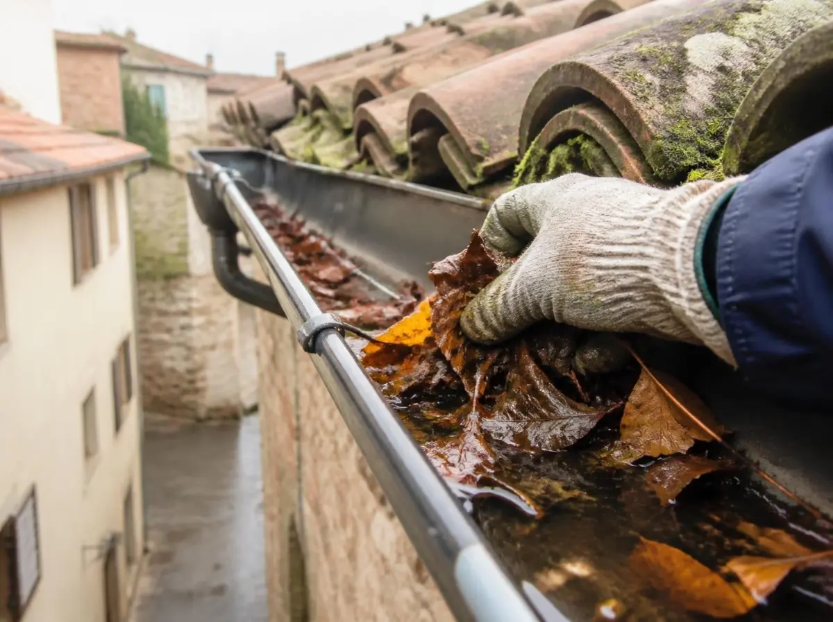 Pulizia di una grondaia piena di foglie e acqua ferma, dove le zanzare possono deporre le uova in autunno