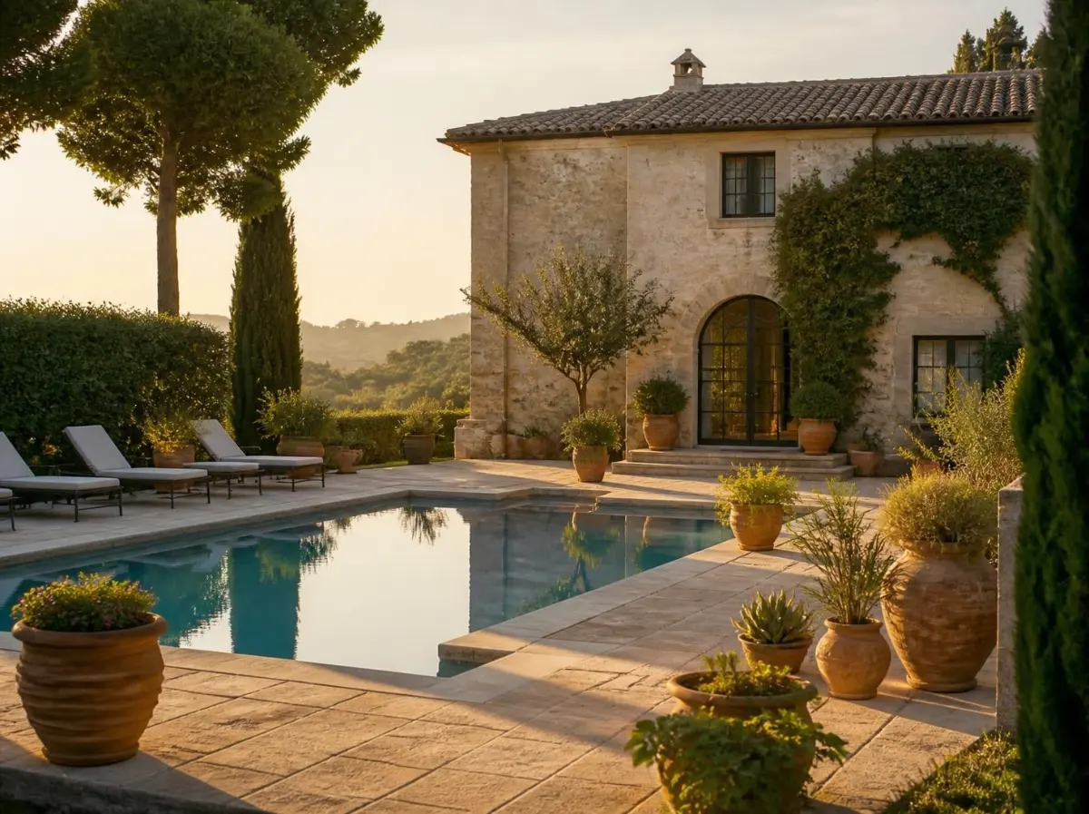 Piscina di una villa italiana al tramonto con vasi di piante e sottovasi sul bordo vasca