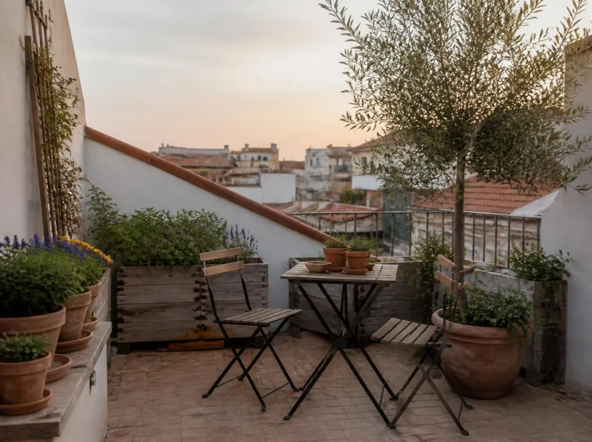 Terrazzo di un appartamento in città con vasi di piante, sottovasi e un tavolino, in una sera d'estate