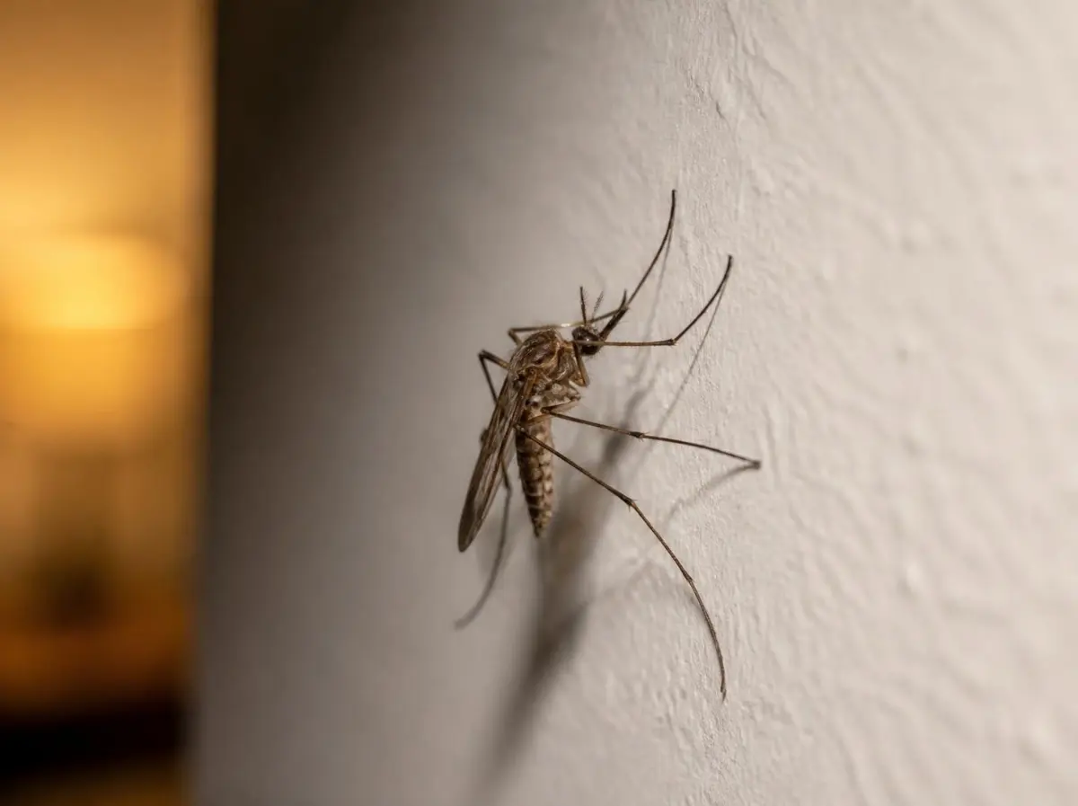 Zanzara comune (Culex pipiens) su una parete di camera da letto