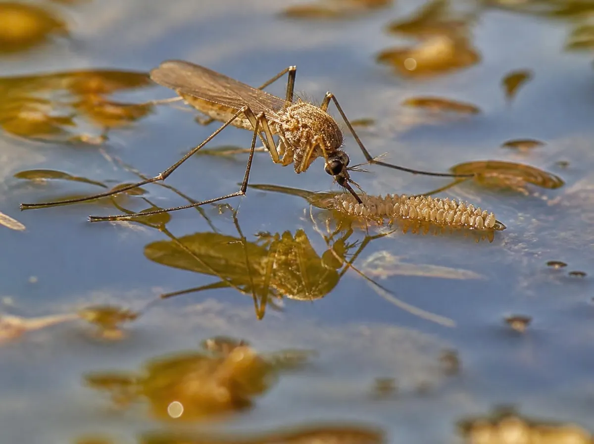 Zanzara comune (Culex pipiens) che depone la zattera di uova sulla superficie dell'acqua ferma