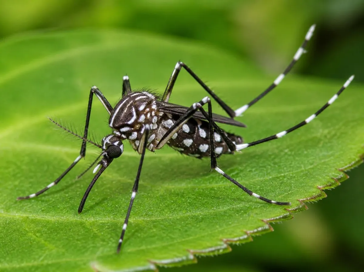 Zanzara tigre (Aedes albopictus) su una foglia: corpo nero, striscia bianca sul dorso e zampe a bande bianche