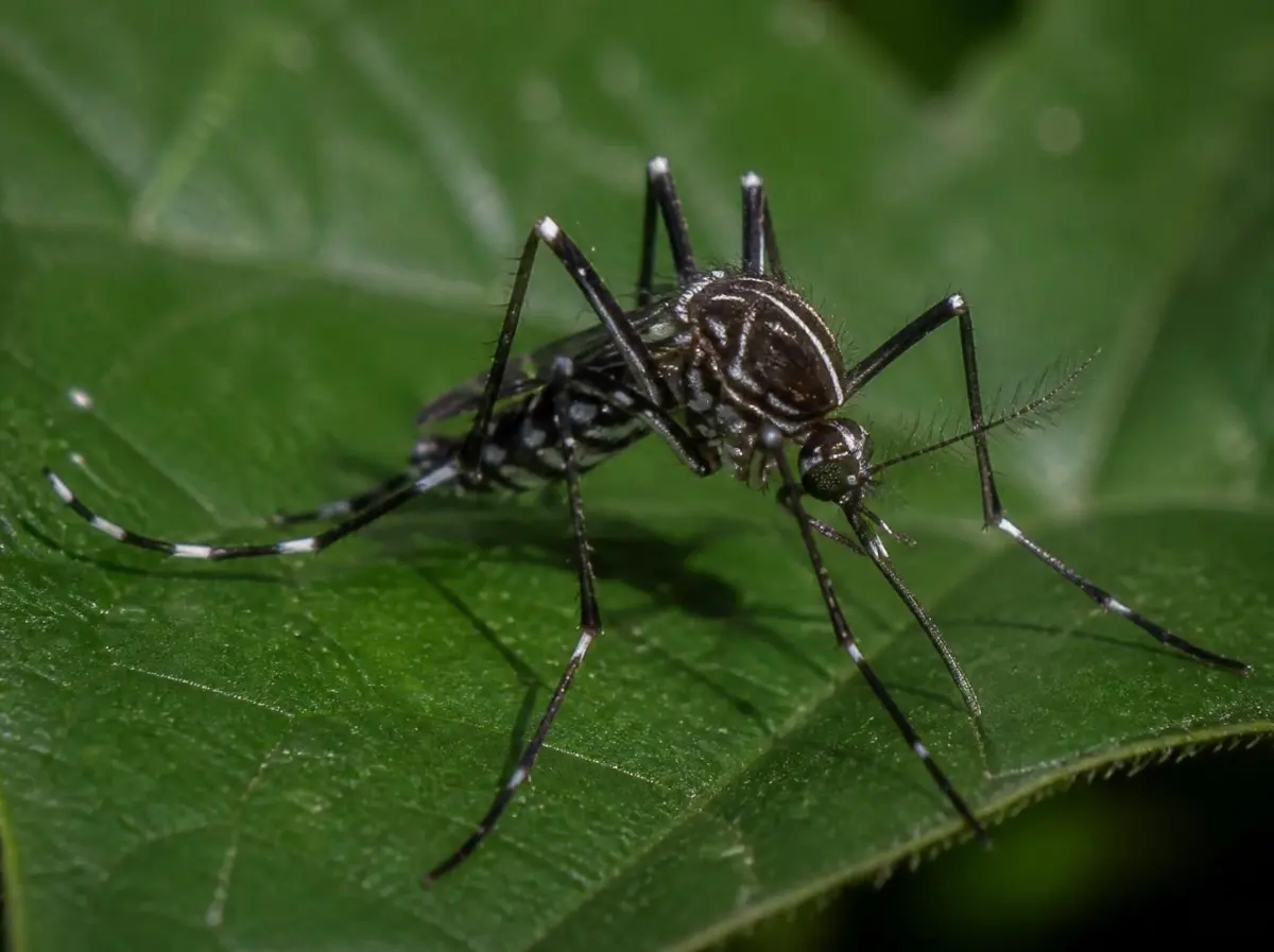Zanzara tigre (Aedes albopictus) a riposo su una foglia