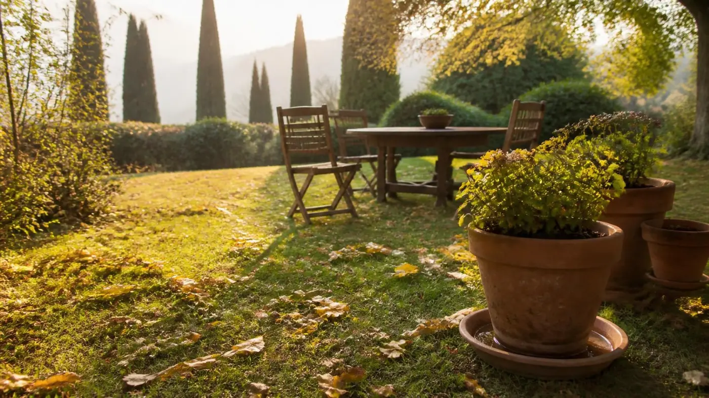 Giardino italiano in autunno con foglie cadute e sottovasi pieni di acqua piovana